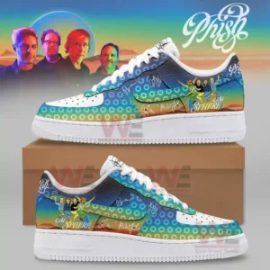 Colorful sneakers with circular patterns and band themed illustrations shown above a shoe box!