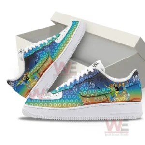 Vivid sneakers with gradient circle patterns and cartoon band art beside an open shoe box!