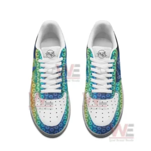 Top view of colorful sneakers with gradient circle patterns and band themed details!