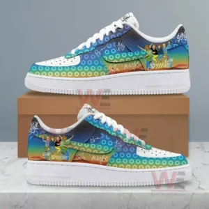 Colorful band themed sneakers with circular patterns displayed on a brown shoe box!