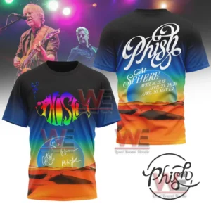 A vibrant shirt with a rainbow style band logo and a desert sunset graphic along with tour dates on the back!