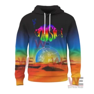 Phish Band at Sphere Las Vegas 2026 Shirt, Hoodie 10 A multicolor hoodie with a bold band logo on the front and stylized event dates above a sunset desert scene on the back!