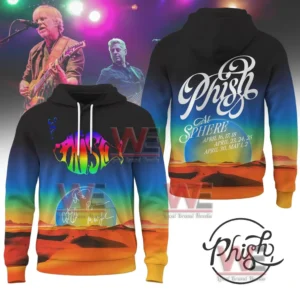 Phish Band at Sphere Las Vegas 2026 Shirt, Hoodie 7 A multicolor hoodie with a bold band logo on the front and stylized event dates above a sunset desert scene on the back!