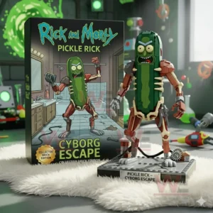 Brick Pickle Rick cyborg figure on a display base next to a themed collector box in a laboratory environment with tools and green lighting!