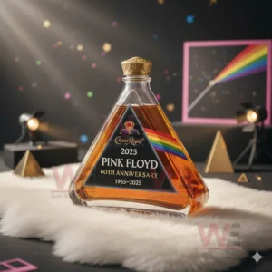 Triangle shaped Pink Floyd anniversary bottle with a rainbow accent set on a white fur surface against a dark background with star patterns!