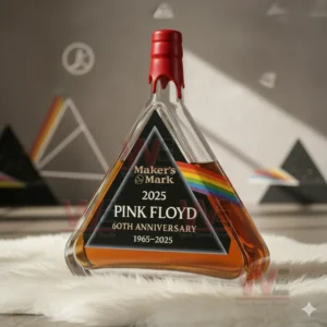 Triangular Pink Floyd anniversary bottle with red wax seal standing on a white rug beside prism inspired wall art!