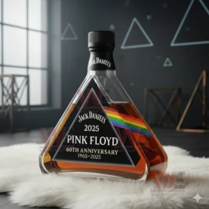 Triangle shaped Pink Floyd sixtieth anniversary bottle placed on a white rug in a dark room with geometric design elements!