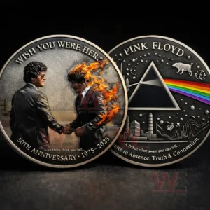 Pink Floyd commemorative coin with artistic handshake scene and fiery visual symbolism!