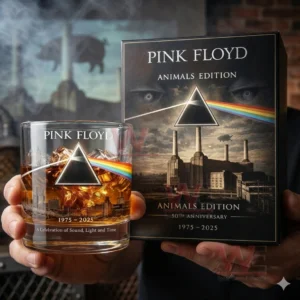 Hands holding a Pink Floyd Animals Edition whiskey glass with amber drink and ice next to a matching anniversary box featuring prism rainbow artwork and industrial skyline.
