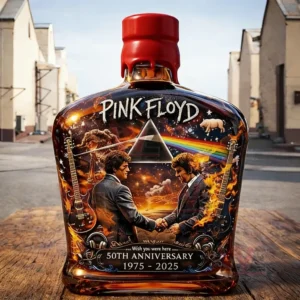 Artistic whiskey bottle with Pink Floyd themed illustration handshake scene fiery guitars cosmic background and anniversary celebration design!