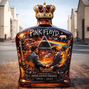 Crowned whiskey bottle decorated with Pink Floyd art prism rainbow handshake fire and celebratory anniversary theme!