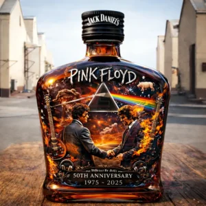 Classic whiskey bottle with black cap featuring Pink Floyd themed anniversary illustration and iconic album symbols!