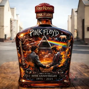 Four Roses capped whiskey bottle featuring Pink Floyd anniversary art with prism rainbow flames and symbolic handshake!