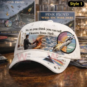 Pink Floyd May You Be Here 50th Anniversary Cap Hat 7 White Pink Floyd inspired cap with detailed album artwork fire clouds and prism light elements!