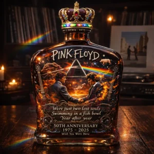 Crowned whiskey bottle featuring Pink Floyd inspired art with rainbow light guitars and a dramatic warm background!