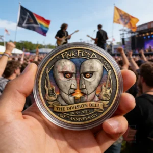 Hand holding a Pink Floyd Division Bell anniversary coin with a concert crowd and band performing on stage in the background!