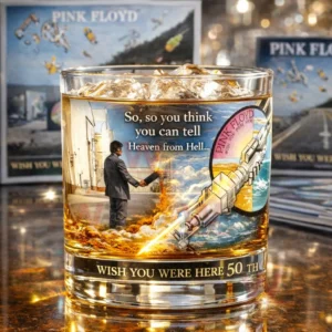 Whisky glass with Pink Floyd Wish You Were Here themed artwork ice cubes and album records in the background!