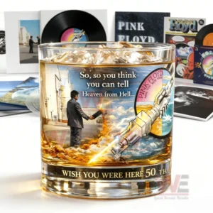 Pink Floyd themed whisky glass with ice placed before vinyl records and album covers on a clean surface!