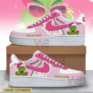 Side view of pink Christmas themed sneakers with green character graphics white sole and customizable name area!