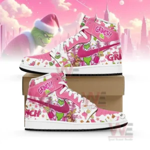 Side view of pink Grinch themed high top sneakers with Christmas designs!