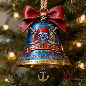 Pirate bell ornament with skull design hanging on a Christmas tree with lights!