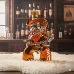 Cowboy themed glass whiskey bottle with crown cap standing on a soft surface inside a bar setting!