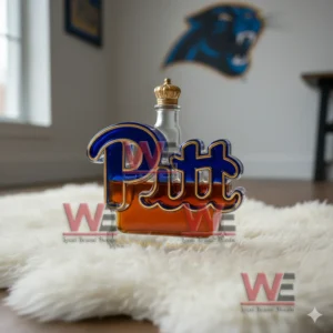 A Pitt logo bottle with a gold crown standing on a white rug in a bright sports themed room!