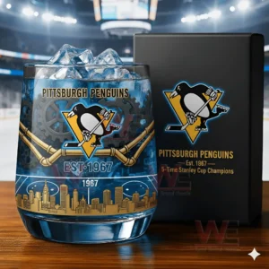 Pittsburgh Penguins themed glass with ice blue drink team logo and skyline design next to a branded box!