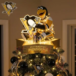 Penguin mascot tree topper holding a glowing team logo above a decorated Christmas tree!
