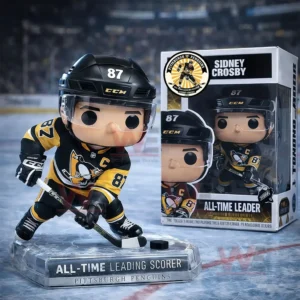 Stylized Sidney Crosby hockey figure in Pittsburgh Penguins uniform number eighty seven skating with stick and puck on a clear base labeled all time leading scorer with the retail box behind on an ice rink background!
