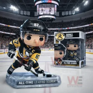 Pittsburgh Penguins Sidney Crosby All Time Leading Scorer Pop Vinyl Figure 3 Sidney Crosby stylized hockey figure in Pittsburgh Penguins uniform number eighty seven on a clear all time leading scorer base with retail box behind inside a crowded ice arena with lights and scoreboard!