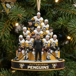 Pittsburgh Penguins ornament with players and coach arranged in tiers on a Christmas tree.
