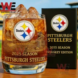 Pittsburgh Steelers 2025 Season Whiskey Glass 5 Close up view of Steelers whiskey glass with engraved stadium design amber liquid and ice cubes!