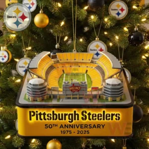 Pittsburgh Steelers stadium ornament hanging on a Christmas tree with team colors holiday lights and football themed decorations!