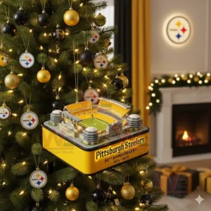 Pittsburgh Steelers Acrisure Stadium 50th Anniversary Ornament 4 Pittsburgh Steelers stadium ornament on a Christmas tree in a living room with black gold decorations and warm holiday ambiance!
