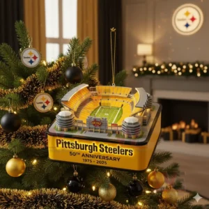 Pittsburgh Steelers Acrisure Stadium 50th Anniversary Ornament 5 Alternate view of a Pittsburgh Steelers stadium ornament displayed on a Christmas tree with coordinated team themed decorations!