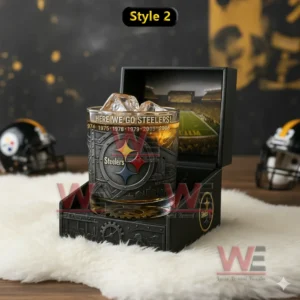 Pittsburgh Steelers metallic style glass with amber iced drink displayed in an open box showing a stadium scene!