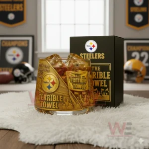 Pittsburgh Steelers Champions Whiskey Glass 5 Pittsburgh Steelers glass with amber iced drink beside a dark box in a room with team banners and football elements!