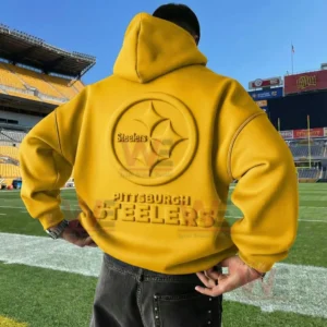 Back view of a yellow Pittsburgh Steelers hoodie with embossed logo worn on a football field!