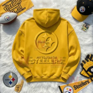 Pittsburgh Steelers Embossed Hoodie 3 Flat lay of a yellow Pittsburgh Steelers hoodie with raised logo surrounded by football accessories!