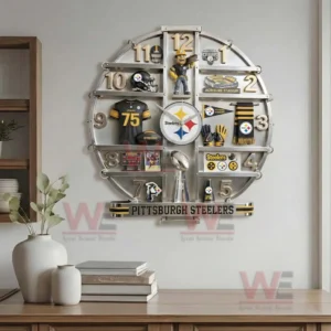 Pittsburgh Steelers themed decorative wall clock with team logo memorabilia and metallic frame mounted on a wall!