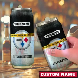 Customizable black and silver Pittsburgh Steelers can shaped tumbler shown in a bar scene.