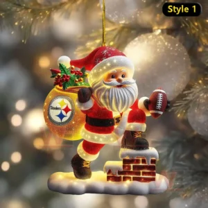 Santa themed ornament with team logo sack football and glowing lights on a snowy base!