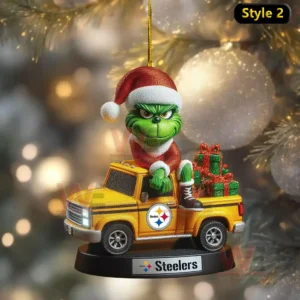 Pittsburgh Steelers Santa Claus and Grinch Christmas Ornament 4 Grinch Santa ornament sitting on yellow team themed truck with presents!