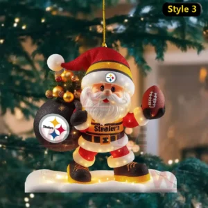 Pittsburgh Steelers Santa Claus and Grinch Christmas Ornament 5 Santa ornament in team colors holding football and team logo gift sack on snowy base!