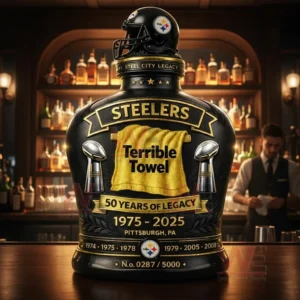 Steelers Terrible Towel fifty years legacy commemorative whiskey bottle with helmet topper and gold label displayed on a bar counter with warm lighting!