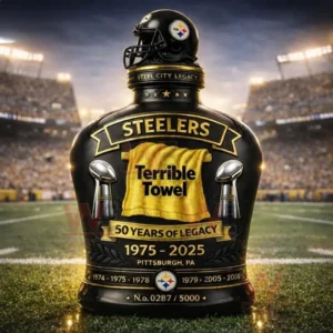 Steelers Terrible Towel fifty years legacy black and gold whiskey bottle with helmet topper and trophy details shown on a football field with a stadium background!