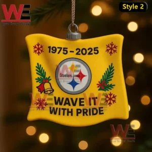 Back view of a yellow football team terrible towel Christmas ornament with logo and festive decorations!