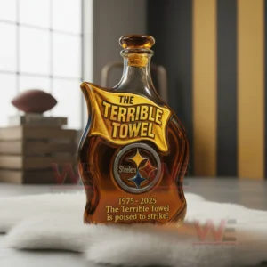 Pittsburgh Steelers The Terrible Towel Custom Whiskey Bottle 5 A Terrible Towel shaped bottle with Steelers logo on white fur in a gold and black themed room.