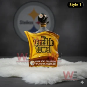Pittsburgh Steelers The Terrible Towel Custom Whiskey Bottle 6 A Terrible Towel bottle with Steelers helmet cap on white fur with a dark Steelers themed background.